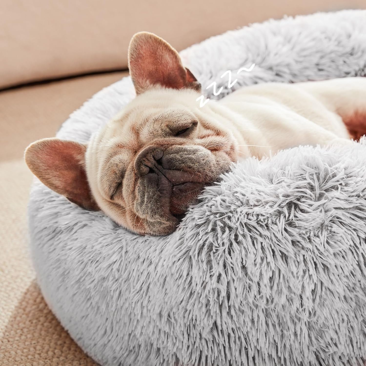 Calming Cat Bed for Indoor Cats,Anti-Anxiety Donut round Dog Bed,Fluffy Faux Fur Washable Pet Bed for Small Medium Dogs and Cats,Grey,24In