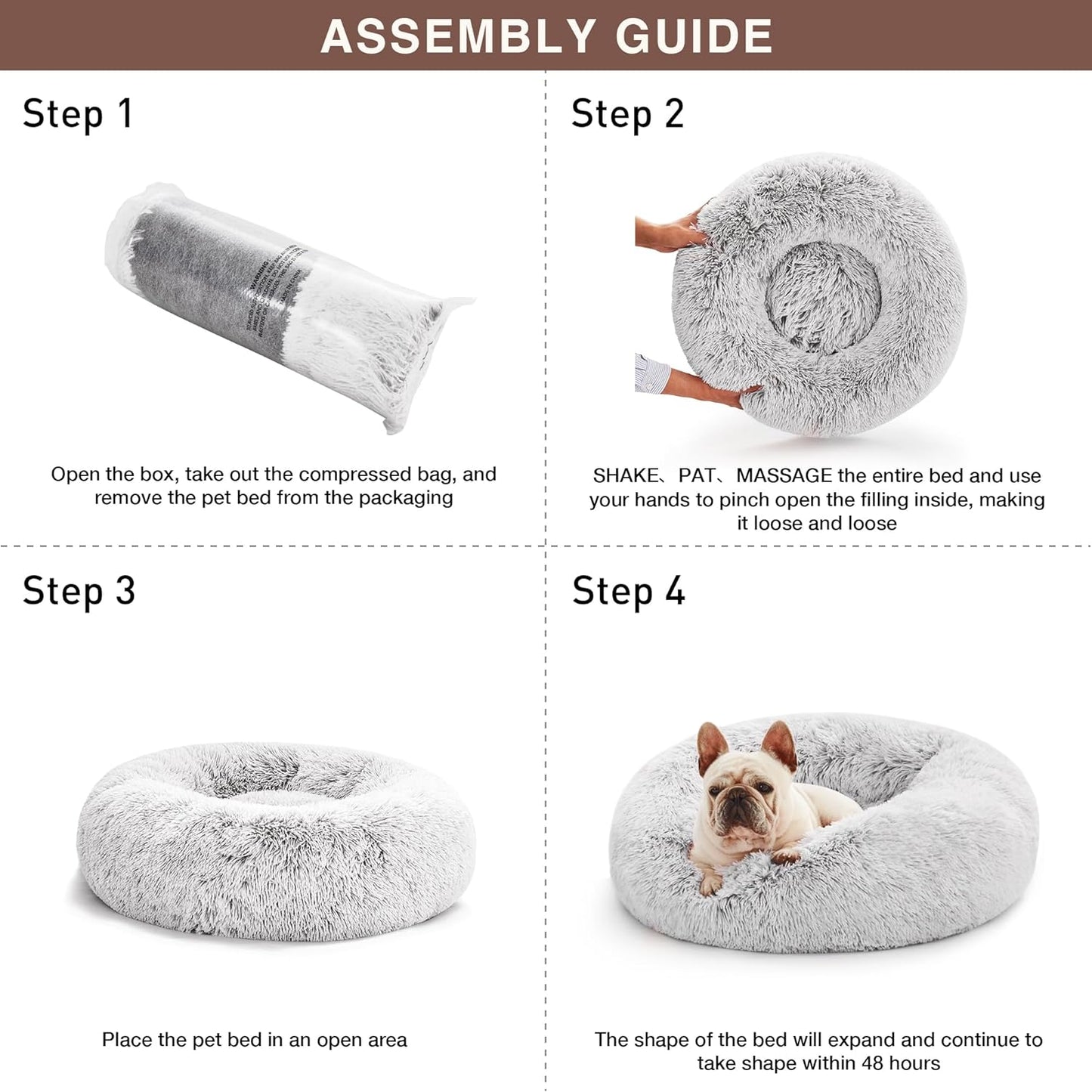 Calming Cat Bed for Indoor Cats,Anti-Anxiety Donut round Dog Bed,Fluffy Faux Fur Washable Pet Bed for Small Medium Dogs and Cats,Grey,24In